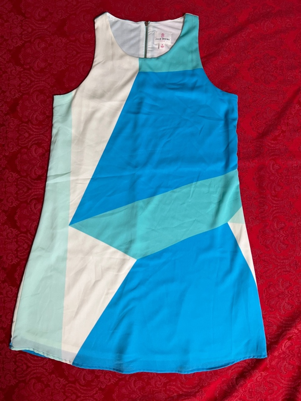 JB by Julie Brown NYC Geometric Shift Dress Size 8 Aqua Blue White Sleeveless